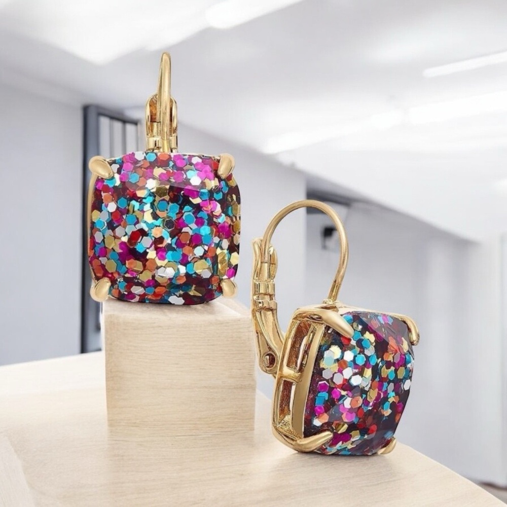 Kate Spade Multi-color Multi Glitter Square Lever back Drop Earrings New + Pouch